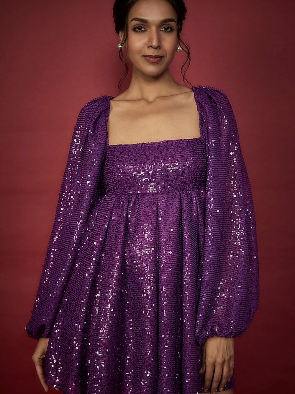 Purple Sequin Mini Dress Bishop Puff Sleeves New Years Eve Party Homecoming